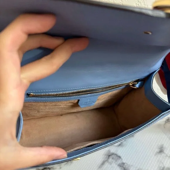 Gucci Sylvie Light Blue Crossbody Bag with Red and Gold Details - Picture 11 of 16